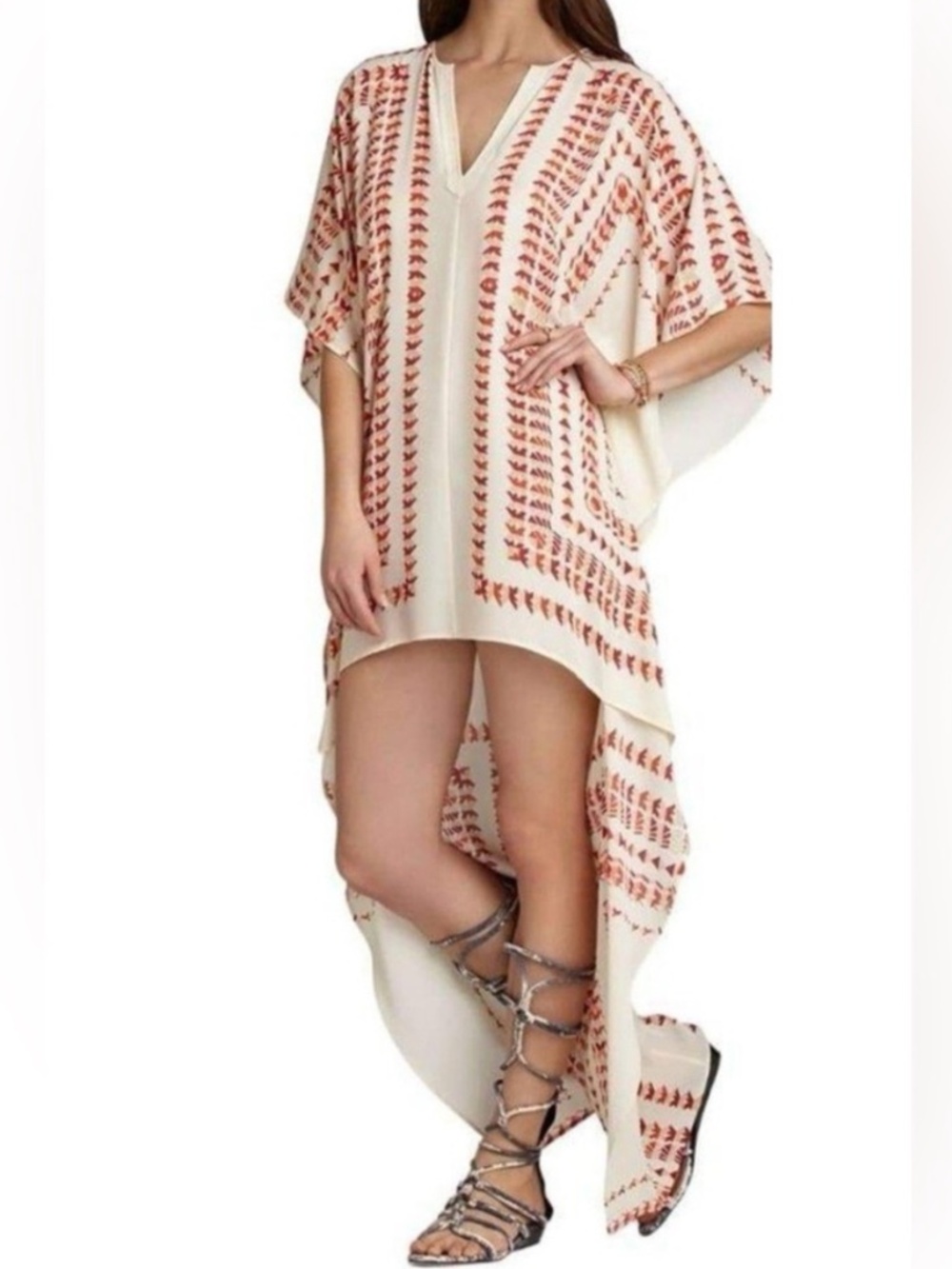 BCBG MAXAZRIA  Olivia Hi-Low Geometric Print V-Neck  Cream Red Kaftan Size XS/S